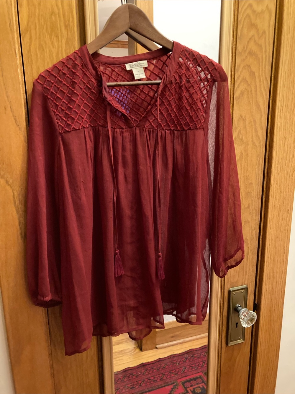 Lucky Brand Burgundy Embroidered Lattice Blouse | Sheer Tassel Tie Top | Medium